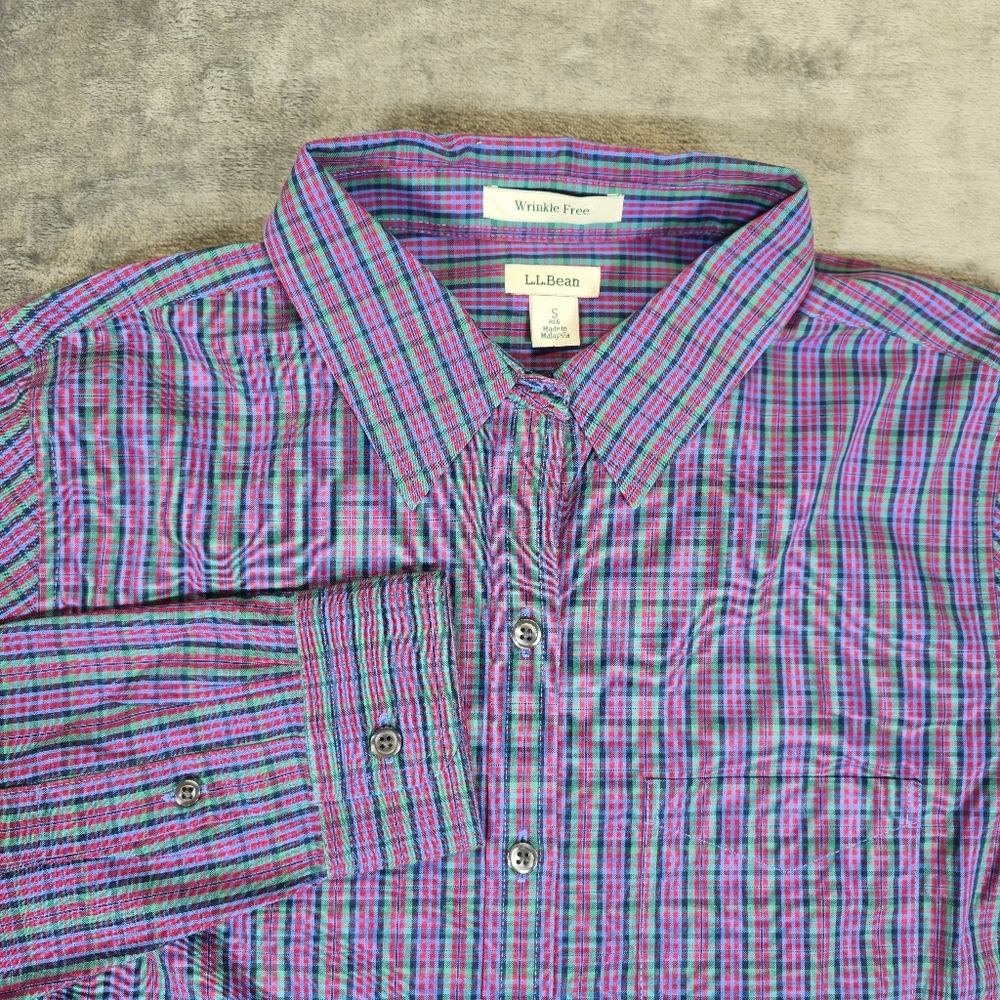 LL Bean Wrinkle Free Dress Button Up Shirt Size Small Formal Purple Green Red